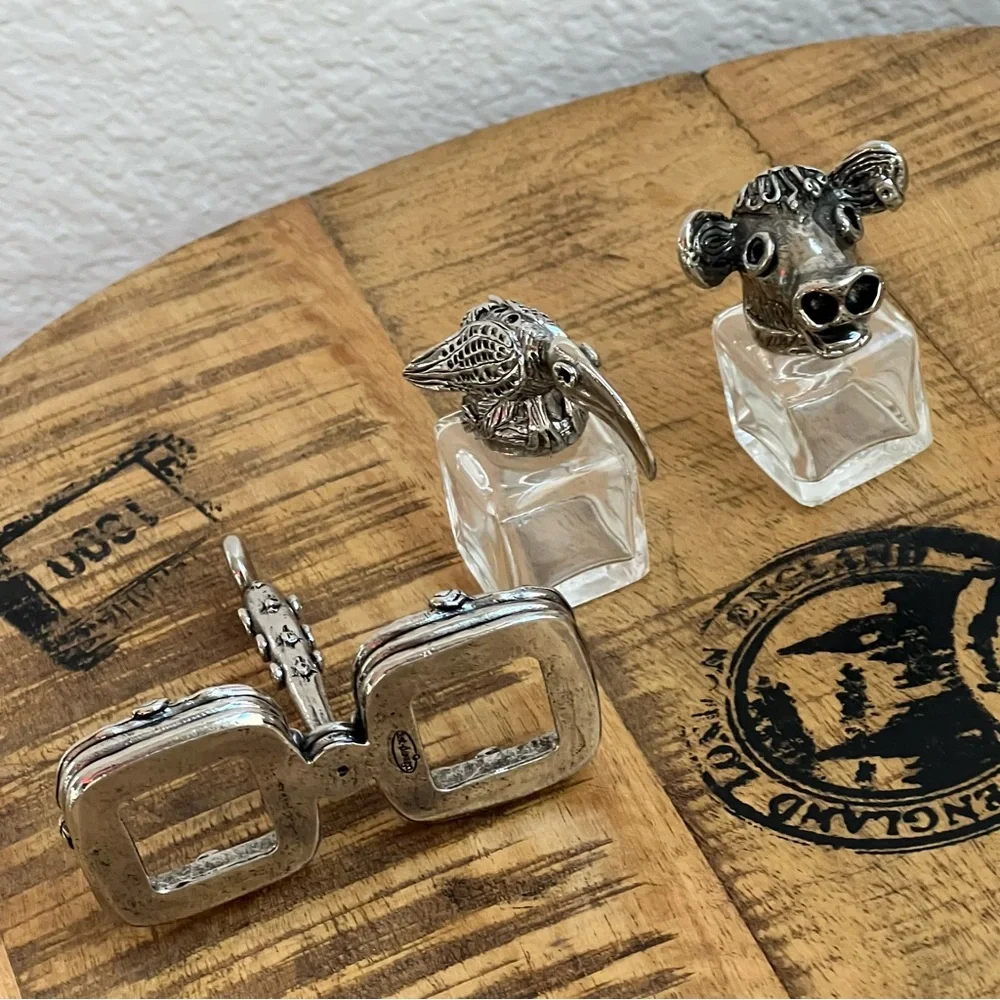 AST Pewter Salt Pepper Shakers Animal Head Glass Cow Bull Crow Bird of Prey